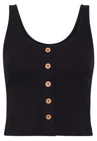 Top corto negro con textura acanalada, que presenta un escote redondeado y cinco botones de madera decorativos en el frente. Textura suave con un ajuste ceñido.