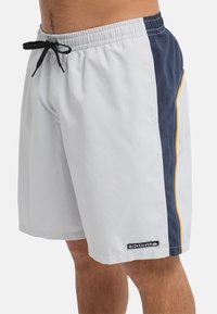 Ανδρικά μαγιό μικρά σε ανοιχτό γκρι με μπλε σκουρόχρωμη πλαϊνή λωρίδα και κίτρινη διακοσμητική γραμμή. Διαθέτουν ελαστική μέση με μαύρο κορδόνι και ετικέτα με λογότυπο.