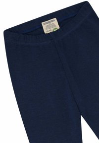 Leggings blu navy realizzati in cotone biologico, caratterizzati da una texture morbida e una vita elasticizzata. Etichetta della taglia visibile nella parte superiore.