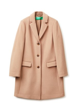 Manteau en laine beige avec un revers cranté, trois boutons marron, deux poches avant et une coupe droite. Étiquette intérieure visible.
