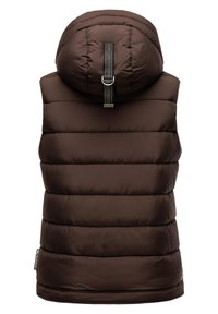 Smeđa puffer prsluk s kapuljačom, s horizontalno quiltnim dijelovima, crnim remenom i kopčom na leđima te glatkom teksturom.