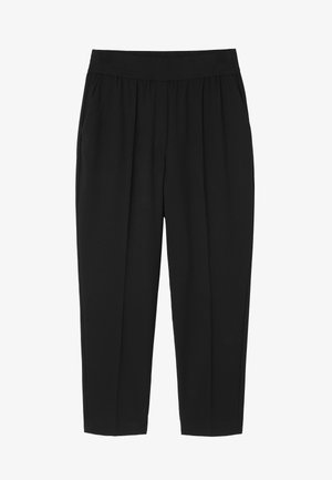 Zwarte rechte broek met elastische tailleband en zijzakken, gemaakt van gladde stof, plat gelegd op een witte achtergrond.