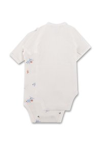 Zwei kurzärmelige Bodysuits aus weichem Baumwollstoff. Der eine ist einfarbig weiß, der andere hat ein verspieltes Tiermuster in Pastellblau und Orange.