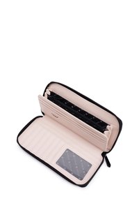 Zippered wallet made of soft pink material with black accents. Features card slots, an ID window, and a zippered compartment for coins.