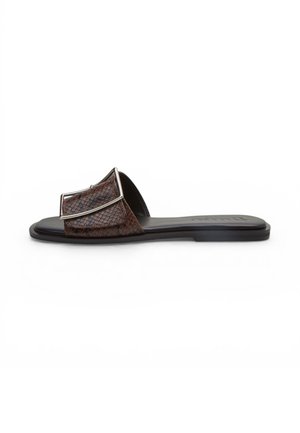 Sandalo flat nero con ampia fascia marrone stampa serpente e grande fibbia argento su sfondo bianco.