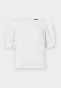 Top blanc texturé à manches courtes avec un col rond, présentant des manches bouffantes et un design subtilement froissé.