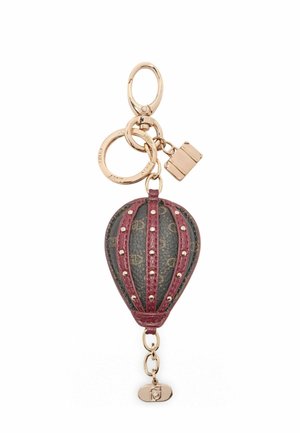 Leather hot air balloon keychain in burgundy and black with gold-tone rings and studded details, featuring a clasp and logo accents.