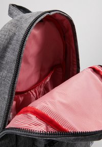 Sac à dos gris avec une doublure intérieure rayée rouge et blanche et une poche élastique à l'intérieur, montré ouvert avec une fermeture éclair noire visible.