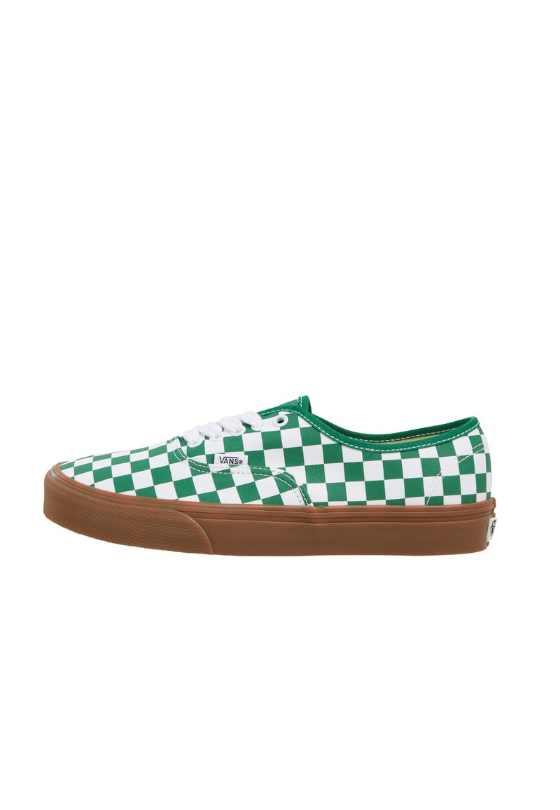 Baskets en toile à carreaux verts et blancs avec une semelle en caoutchouc naturel et des lacets blancs. Elles présentent un design bas et le logo Vans.