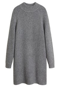 Šedé pletené šaty s vysokým výstřihem, dlouhými raglánovými rukávy a strukturovaným vzorem po cel�ém povrchu. Mezi detaily patří žebrované manžety a lem.