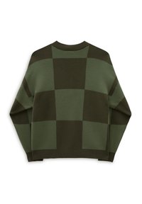 Grön rutmönstrad tröja med ribbad rund halsringning och lösa ärmar, tillverkad av mjukt stickat material.