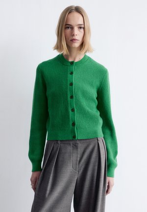 Kobieta ubrana w zielony prążkowany sweter na guziki i wysokorozcięte szare plisowane spodnie, stojąca na jednolitym jasnym tle.