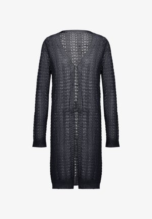 Cardigan lung, cu front deschis, în nuanță de navy închis, cu un model tricotat texturat, mâneci lungi și manșete și tiv cu șnur. Material ușor.