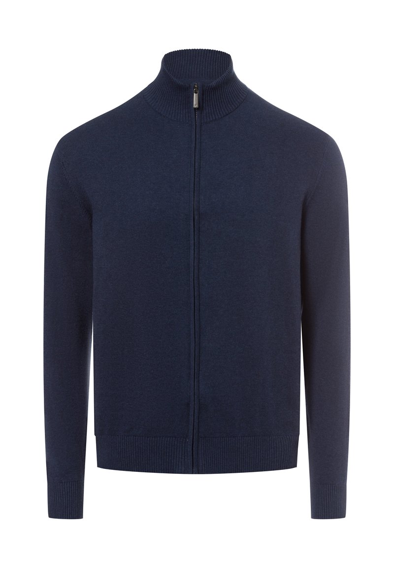 Navyblaues Zip-Jackett aus Strickstoff, mit hohem Kragen, gerippten Bündchen und Saum. Einfaches Design ohne sichtbare Muster oder Akzente.