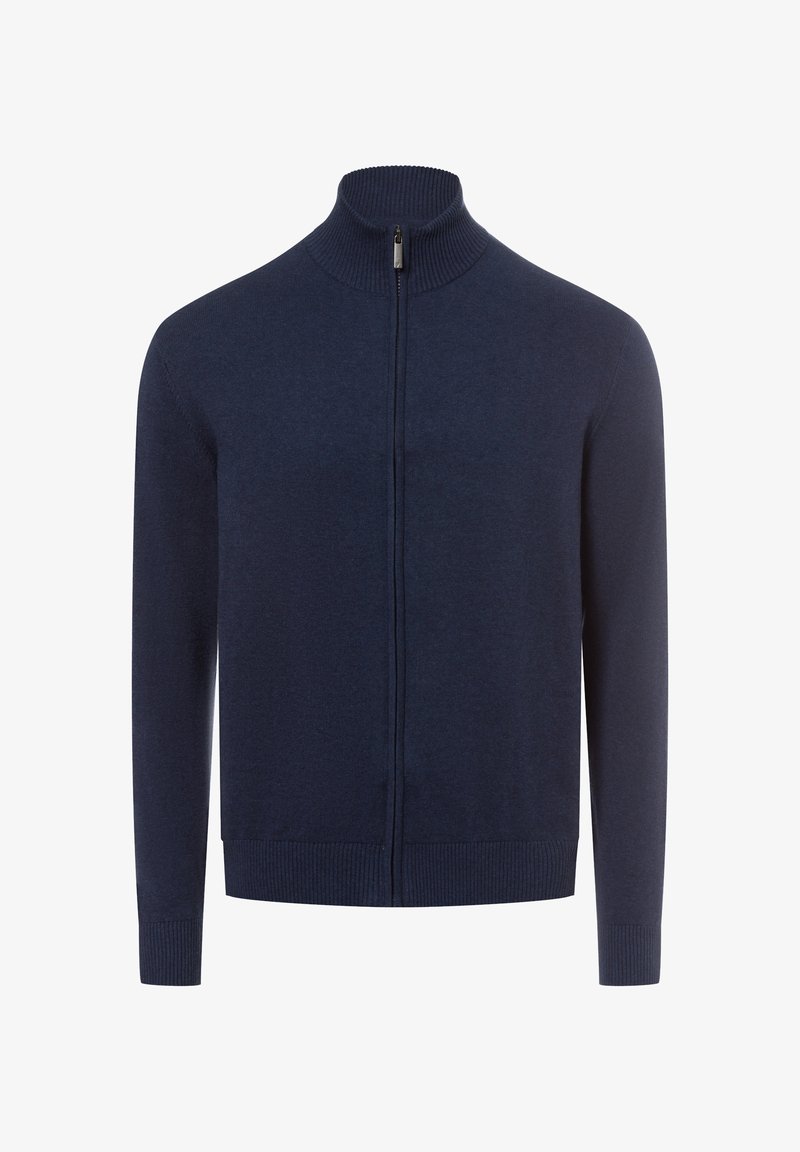 Navyblaues Zip-Jackett aus Strickstoff, mit hohem Kragen, gerippten Bündchen und Saum. Einfaches Design ohne sichtbare Muster oder Akzente.