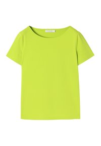 Limegrøn kortærmet t-shirt med rund halsudskæring. Glat tekstur, ensfarvet, minimalistisk design, ingen mønstre eller yderligere udsmykninger.