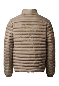 Šviesiai ruda pūkinė striukė su horizontaliu siuvimu, elastiniais rankogalais ir stovimu apykakliu, matoma iš nugaros.