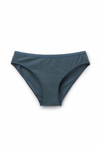 Tmavě modré bikiny s dnem vyrobené z měkké, pružné látky. Mají středně vysoký střih, hladký pas a minimální krytí z boku.