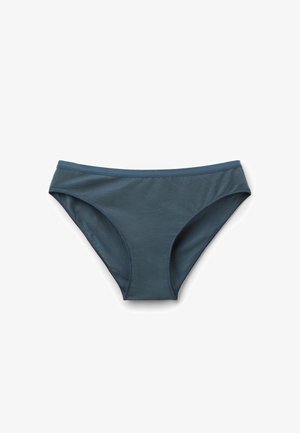 Dunkeltürkisfarbene Bikinihose aus weichem, dehnbarem Stoff. Sie hat einen mittelhohen Schnitt mit einem glatten Bund und minimalem seitlichem Schnitt.