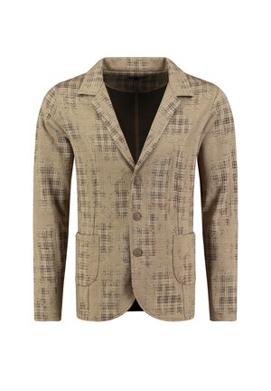 Blazer de espiga beige con un patrón texturizado, solapas de muesca, tres botones y dos bolsillos frontales.