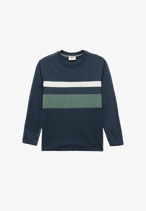 Laivastonsininen pitkähihaine paita, joka on tehty puuvillasta ja jossa on vaakasuoria raitoja valkoisena, vaaleanvihreänä ja tummanvihreänä. Paidassa on pieni logo rinnassa.