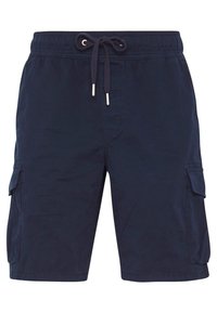 Shorts cargo bleu marine en tissu léger, avec une taille élastique munie d'un cordon de serrage et des poches latérales pour le rangement.