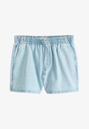 Shorts in denim azzurro chiaro con vita elastica e coulisse, dotati di tasche laterali e dettagli cuciti.