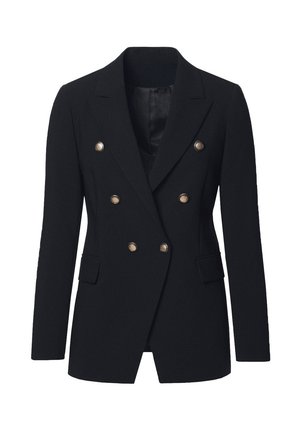 Czarna, dopasowana marynarka dwurzędowa wykonana z teksturowanej tkaniny, z złotymi guzikami, szpiczastymi klapami i dwoma przednimi kieszeniami.