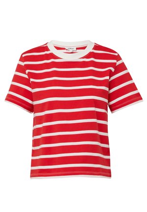 T-shirt rouge avec des rayures blanches horizontales, manches courtes et col rond. Fabriqué en tissu doux avec une coupe décontractée.