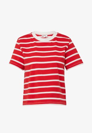 Rode T-shirt met horizontale witte strepen, korte mouwen en een ronde halslijn. Gemaakt van zachte stof met een ontspannen pasvorm.