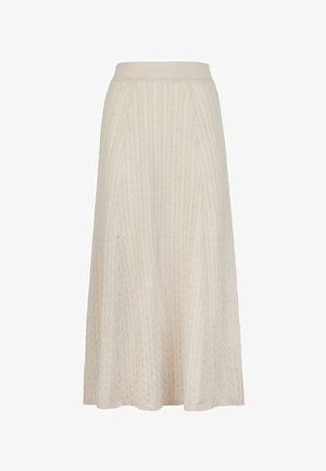 Knelang nederdel lavet af tekstureret cremefarvet stof med kabelstrikket mønster, med en bred talje og en svunglad A-formet silhuet.