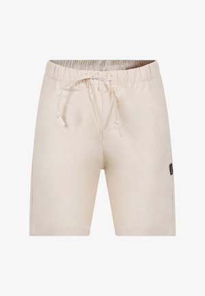 Pantaloni corti beige con elastico in vita e coulisse. Tessuto morbido, lunghezza al ginocchio, tasche laterali e una piccola etichetta del marchio di lato.