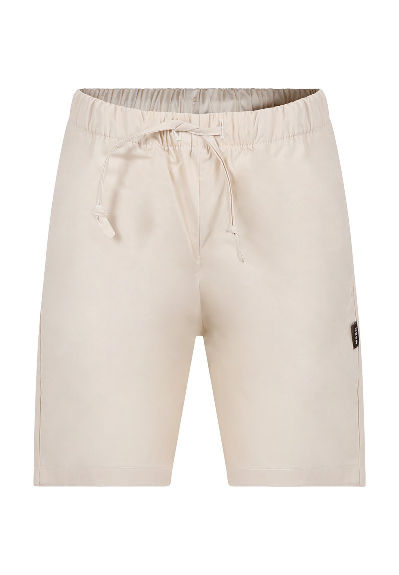 Pantaloni corti beige con elastico in vita e coulisse. Tessuto morbido, lunghezza al ginocchio, tasche laterali e una piccola etichetta del marchio di lato.