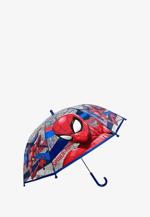 Regenschirm im Spiderman-Design mit einem transparenten Baldachin, der rot und blau gestaltete Charaktere, ein schwarzes Spinnennetzmuster und einen blauen Griff zeigt.