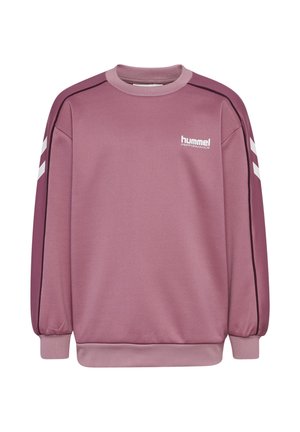 Roze sweatshirt met lange mouwen, geribbelde manchetten en onderrand, voorzien van een wit logo en strepen op de schouders in contrasterende kleuren. Zachte textuur.