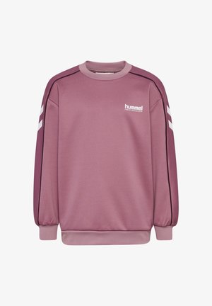 Lyserød sweatshirt med lange ærmer, ribbede manchetter og kant, med hvidt logo og striber på skuldrene i kontrastfarver. Blød tekstur.