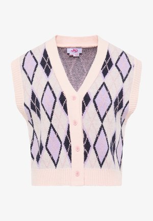 Ujjatlan kardigán pasztell színekben, gyémánt mintával levendula és tengerészkék árnyalatokban, rózsaszín bordázott szegéllyel és öt rózsaszín gombbal.