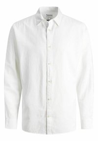 Camicia bianca a maniche lunghe in lino, con colletto alla francese, bottoni frontali e tessuto leggermente testurizzato.