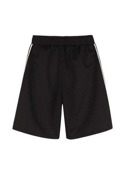 Zwarte sportshorts met een elastische tailleband en witte zijkanten, plat gelegd op een neutrale achtergrond.