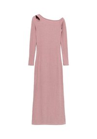 Long, fitted dress in light pink ribbed material, featuring a subtle off-shoulder design with a circular cutout on one shoulder.