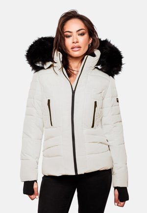 White puffer jacket with a detachable black fur hood, front zip closure, and two zippered pockets. Features ribbed knit cuffs.