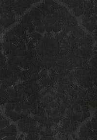 Black fabric with a subtle damask pattern, featuring intricate floral designs, a smooth texture, and a slight sheen.