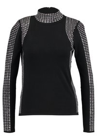 Musta pitkähiha t-paita, jossa on strassikoristeita hartioilla ja hihoissa, sileä pinta, tiukka malli ja korkea kaulus.