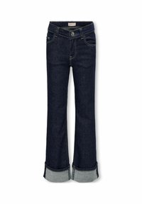 Jeans in denim blu scuro con un design svasato, caratterizzati da un orlo piegato in un blu più chiaro. Inclusi tasche frontali e chiusura con bottone.