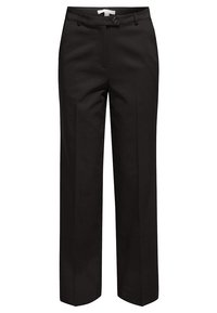 Pantalon noir à jambes droites, fermeture boutonnée et à glissière à l'avant, passants de ceinture et pli marqué au centre de chaque jambe.
