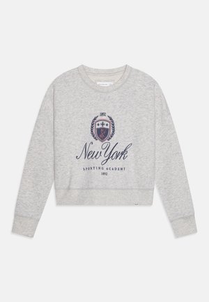 Sudadera gris corta de material suave que presenta un gráfico bordado central en navy con "Academia Deportiva de Nueva York" y un diseño de escudo.