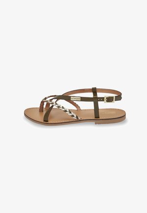 Brune og olivengrønne flade sandaler med flettede hvide detaljer, der har slanke remme, en spændeankelrem og en glat læderindersål.