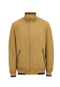 Lys brun zip-up jakke med standkrave, to sidelommer, elastiske manchetter og ribbet kant med sorte detaljer. Glat tekstur.