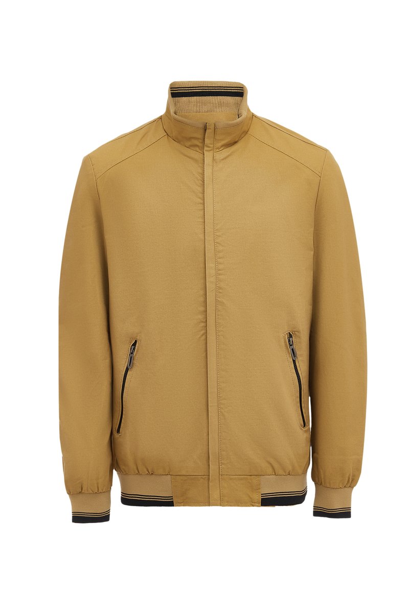Lys brun zip-up jakke med standkrave, to sidelommer, elastiske manchetter og ribbet kant med sorte detaljer. Glat tekstur.