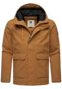Chaqueta con capucha marrón hecha de una tela texturada. Cuenta con dos bolsillos frontales, cierre de cremallera, forro suave y capucha ajustable con cordón.